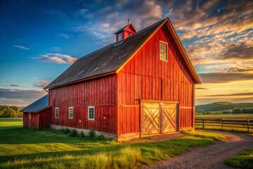 Obraz premium Rustic Red Barn in Golden Hour Light: Architectural Photography Stock Photo