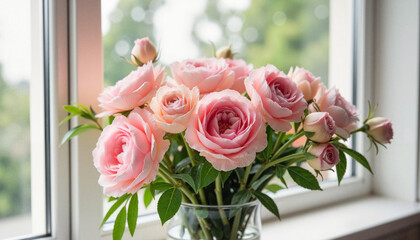 Lush bouquet of blush roses and peonies by window, natural beauty