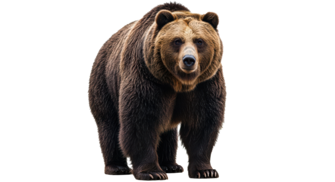 A large bear stands upright, exhibiting its strong physique and thick, dark fur.  Isolated on transparent background. PNG