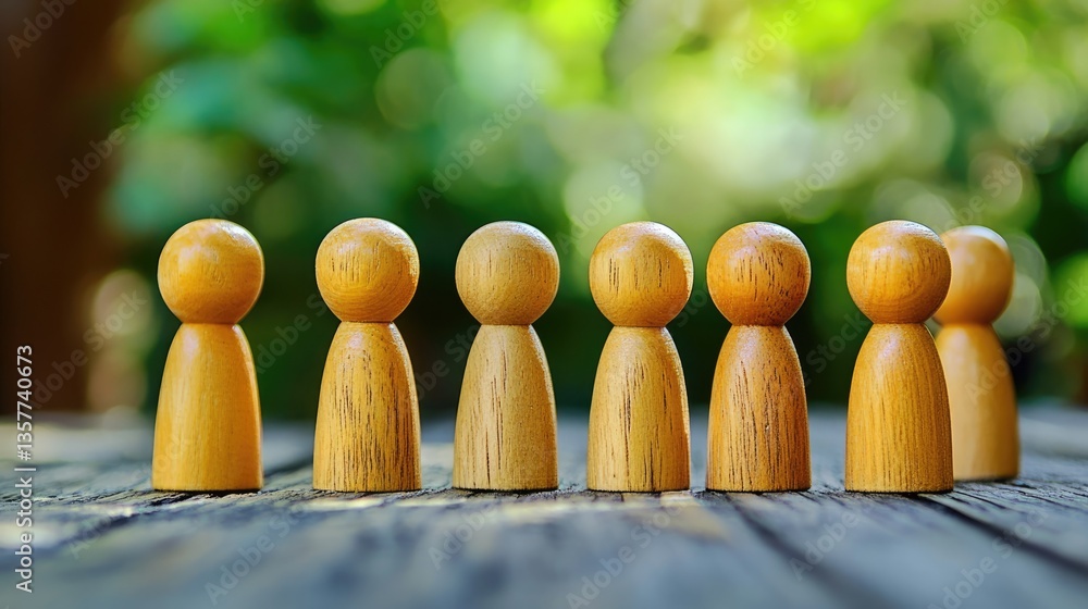 Poster wooden figures in a row, teamwork and unity concept