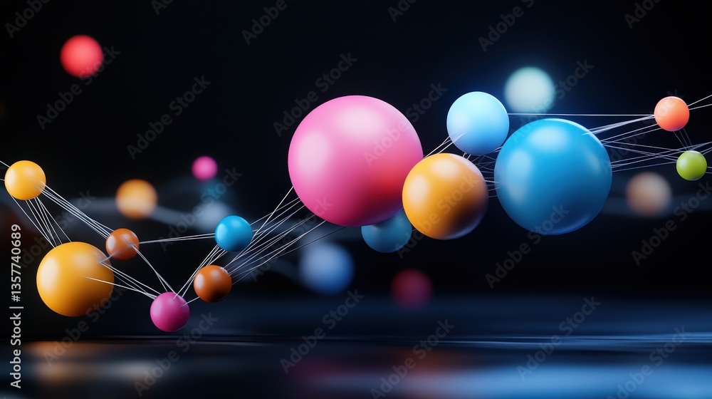 Poster colorful spheres connected by lines in a dark background