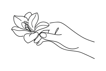 Elegant Hand Holding Delicate Orchid Flower Line Art Drawing