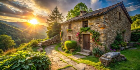 Naklejka premium Rustic Stone House Exterior, Charming Countryside Home Architecture