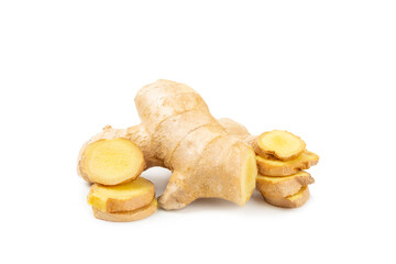Fresh ginger and lemon isolated on white background. Sliced ​​ginger. Ginger root. Traditional...