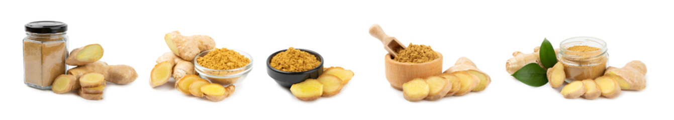 Fresh ginger and lemon isolated on white background. Sliced ​​ginger. Ginger root. Traditional...