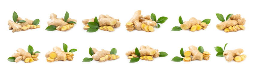 Fresh ginger and lemon isolated on white background. Sliced ​​ginger. Ginger root. Traditional alternative medicine, healing tea for immunity. Close-up.