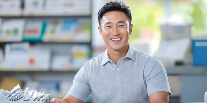 Friendly postal worker sorting mail at desk in office