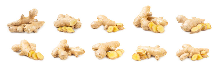 Fresh ginger and lemon isolated on white background. Sliced ​​ginger. Ginger root. Traditional alternative medicine, healing tea for immunity. Close-up.