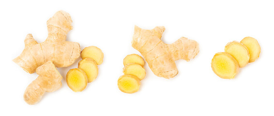 Fresh ginger and lemon isolated on white background. Sliced ​​ginger. Ginger root. Traditional alternative medicine, healing tea for immunity. Close-up.