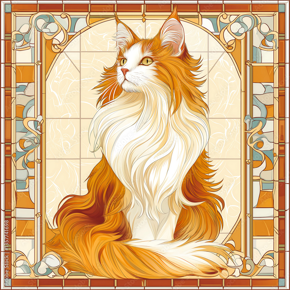Poster majestic cat portrait features intricate design and rich colors in a decorative style setting