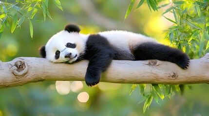 Obraz premium Adorable panda cub napping on a tree branch.
