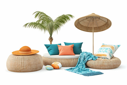 Outdoor furniture with palm tree and beach accessories