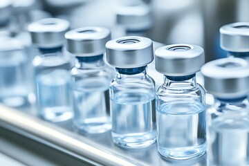 Row of sterile vaccine vials on a stainless steel laboratory surface