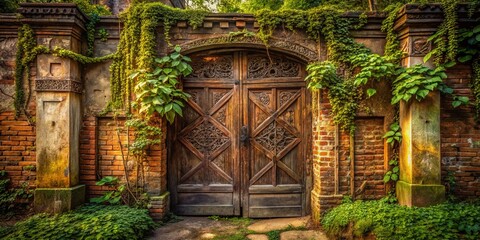 Rustic Wooden Gate Entrance, Urban Exploration, Decaying Architecture, Grunge Texture