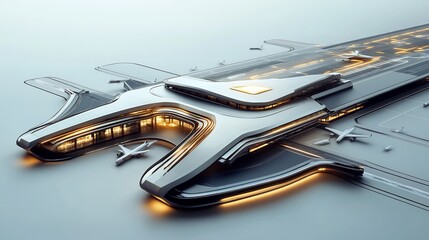 Futuristic airport terminal with glowing runways and geometric structures viewed from above on a white background