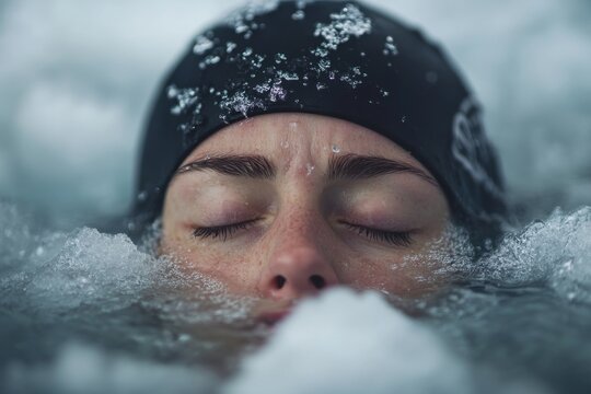 Intense focus of determined athlete swimming in ice water environment