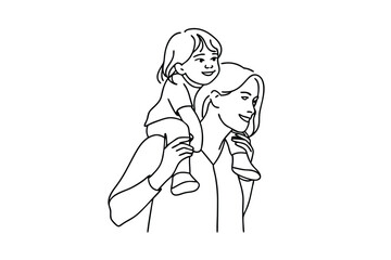 Mothers Love Child on Shoulders, Line Art, Family, Joy, Happiness, Care, Bonding, Tenderness, Affect