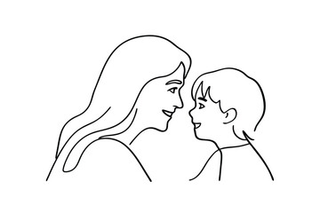 Mother and Son CloseUp Line Art Drawing, Tender Affection