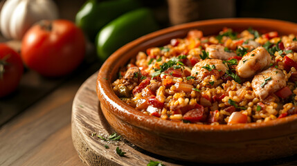 Serving of Delicious Rice Dish with Vegetables and Meat
