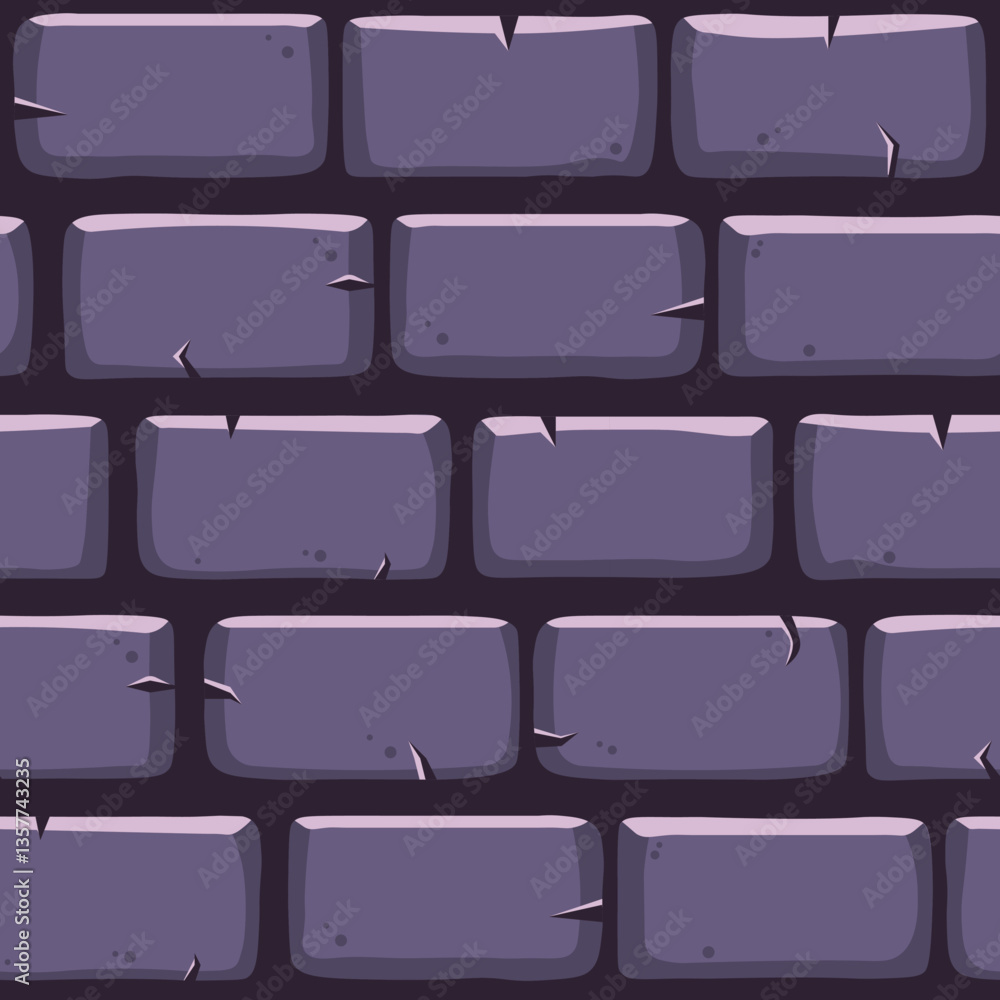 Poster seamlessly tiling texture of a purple brick wall, ideal for game level design or cartoon background,