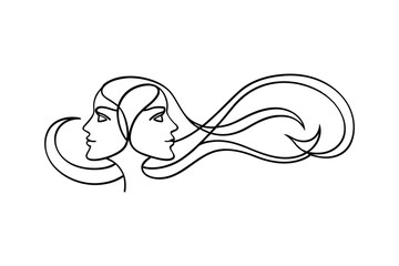 Gemini Zodiac Sign Dual Faces, Flowing Hair, Abstract Line Art