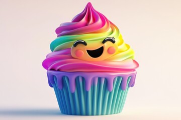 A cheerful rainbow cupcake with a smiling face, dripping frosting, perfect for celebrations.