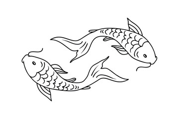 Two Elegant Koi Fish Line Art Drawing, Asian Symbol