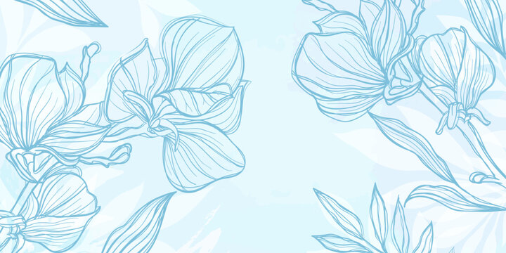 Abstract art pink floral background. hand draw outline flowers magnolia sketch with leaves and brush stroke. Vector background for wall decoration, banner, postcard, poster or brochure