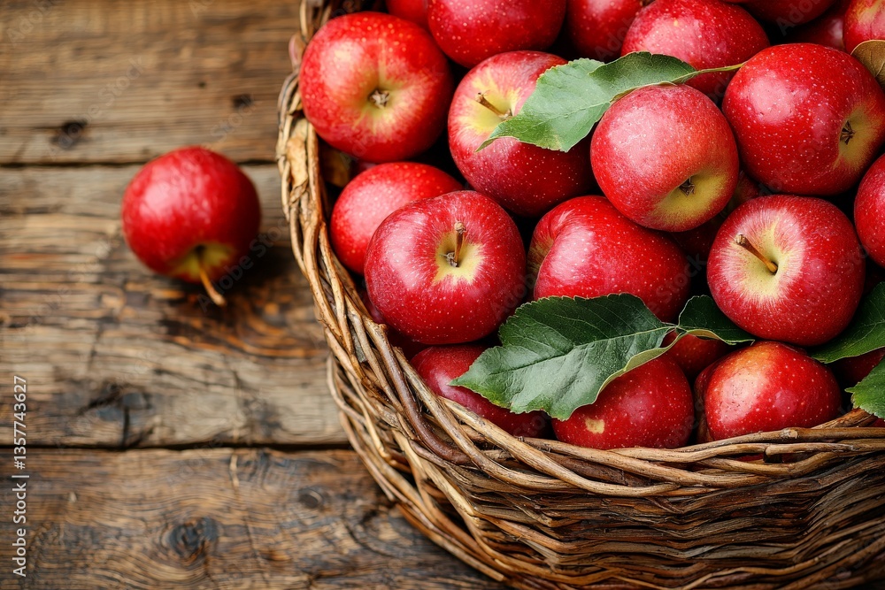 Poster close up of a wicker basket filled with shiny red apples on a rustic wooden table with natural dayli