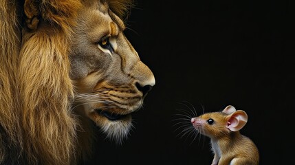 Fototapeta premium A lion and a mouse gazing intently at one another, a captivating and symbolic wildlife scene of contrast, curiosity, and unexpected connection