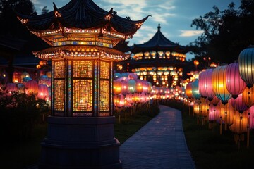 Chinese Lantern Festival Night with Glowing Colorful Lanterns Everywhere
