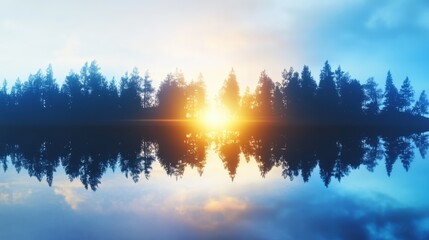 Sun setting behind forest trees reflecting on calm waters