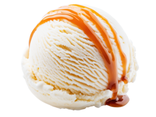 Delicious ice cream scoop topped with rich caramel sauce on a transparent background, cut out
