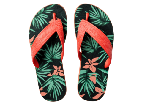 Colorful flip flops featuring tropical design and vibrant colors on a transparent background, cut out