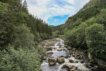 A river with a rocky bed and trees in the background in Norway