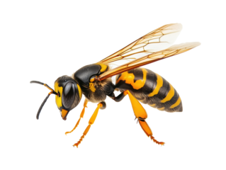 Close-up view of a vibrant wasp in detailed focus on a transparent background, cut out