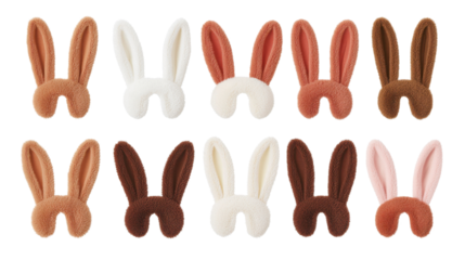Twelve Fluffy Bunny Ears in Assorted Colors on Transparent Background
