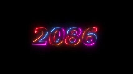 2086 neon line text. Abstract 2086 neon text animation ,For neon color Glowing neon number text background 4k video animation .Digital font against a dark background with neon line looping animation.