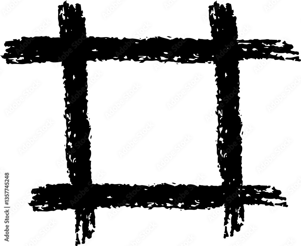 Poster black crayon strokes creating a cross inside a square shape, dividing it into four sections, forming