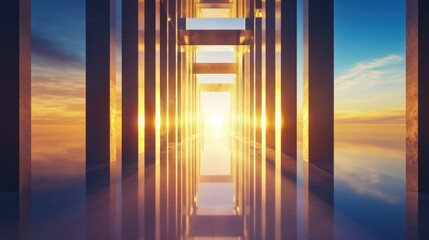 Futuristic tunnel with pillars leading towards brilliant sunlight and sky