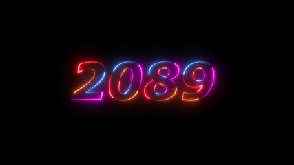 2089 neon line text. Abstract 2089 neon text animation ,For neon color Glowing neon number text background 4k video animation .Digital font against a dark background with neon line looping animation.