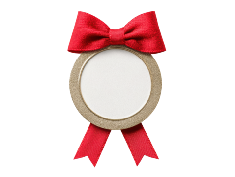Blank award ribbon design with red bow and gold accents on a transparent background, cut out