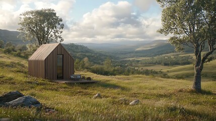 Secluded wooden cabin in scenic valley.