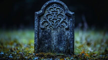 Aged headstone in a graveyard.  A weathered stone marker sits amidst muted fall foliage in a shadowy cemetery setting