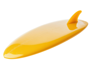 Bright yellow surfboard with unique design for ocean adventures on a transparent background, cut out