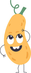 Cartoon butternut squash character with big eyes, smiling and pointing a finger at its head, standing on thin legs and thinking about something