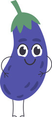 Cartoon eggplant character standing with hands on hips and a cheerful smile, embodying the essence of healthy eating and promoting a vibrant vegetarian lifestyle