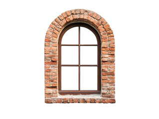 Obraz premium Classic arched window with exposed brick texture and design on a transparent background, cut out