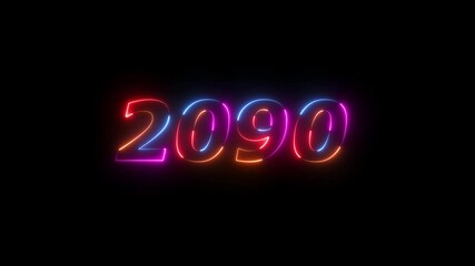 2090 neon line text. Abstract 2090 neon text animation ,For neon color Glowing neon number text background 4k video animation .Digital font against a dark background with neon line looping animation.