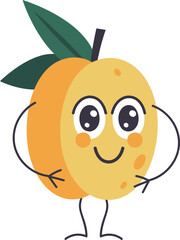 Cartoon apricot fruit character smiling widely with large expressive eyes and hands on hips, exuding a cheerful and playful vibe in an isolated vector illustration